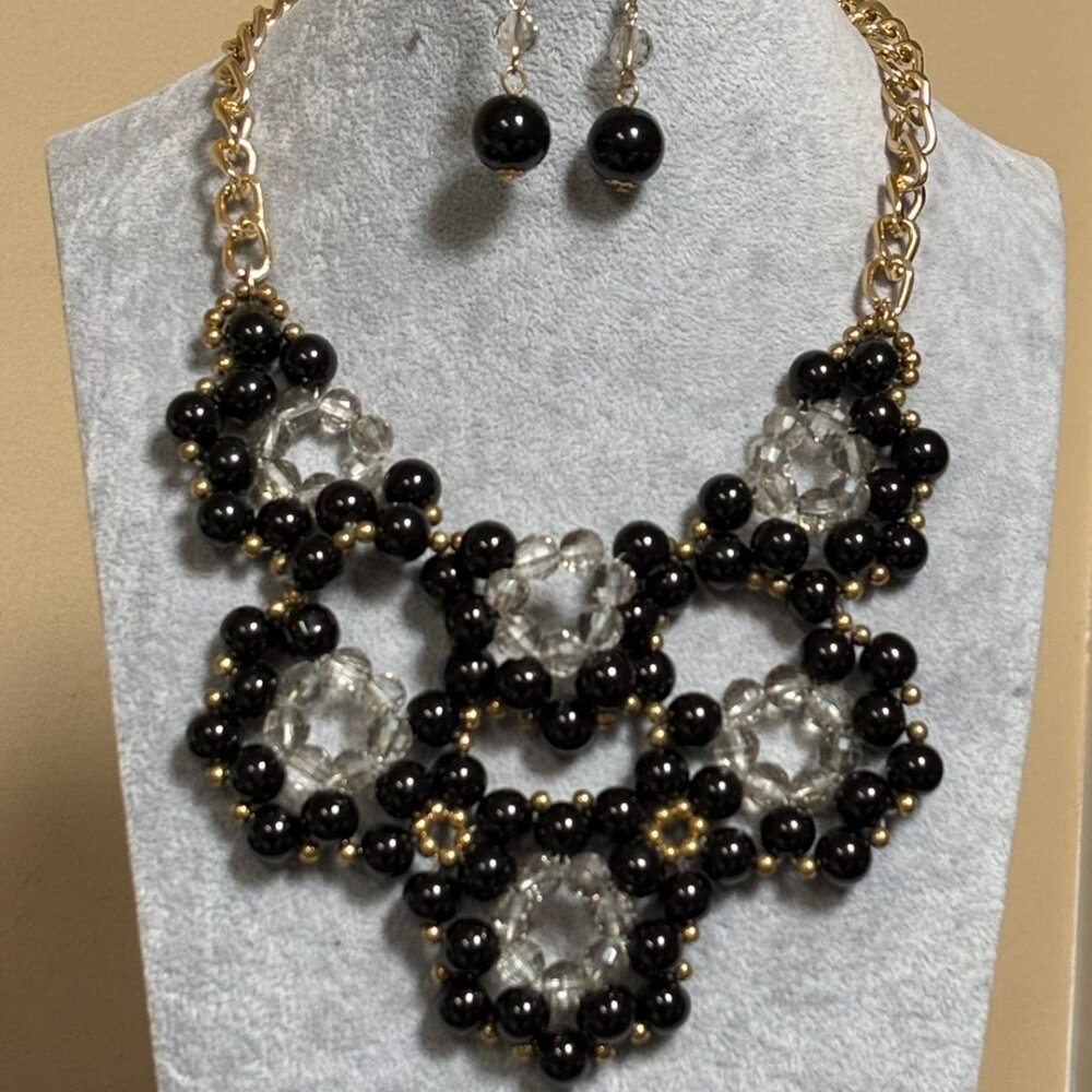 Black And Clear Grey Glass Bead Gold tone Finish Necklace Earring set